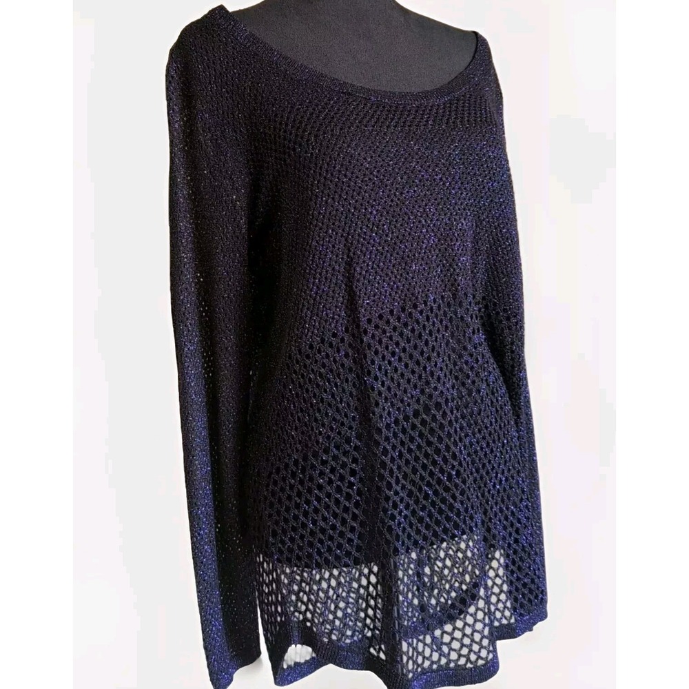 Large Rock & Republic Top Women Blue Sparkle Tunic Mesh Knit Pullover Shirt EUC